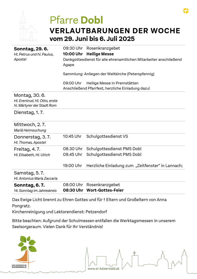 Verlautbarungen der Woche So, 29. 6.–So, 6. 7. 2025