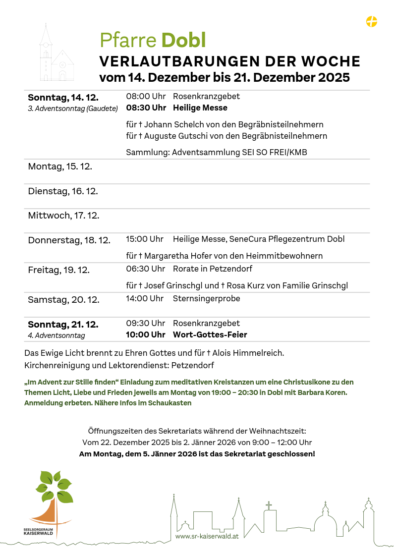 Verlautbarungen der Woche So, 14. 12.–So, 21. 12. 2025