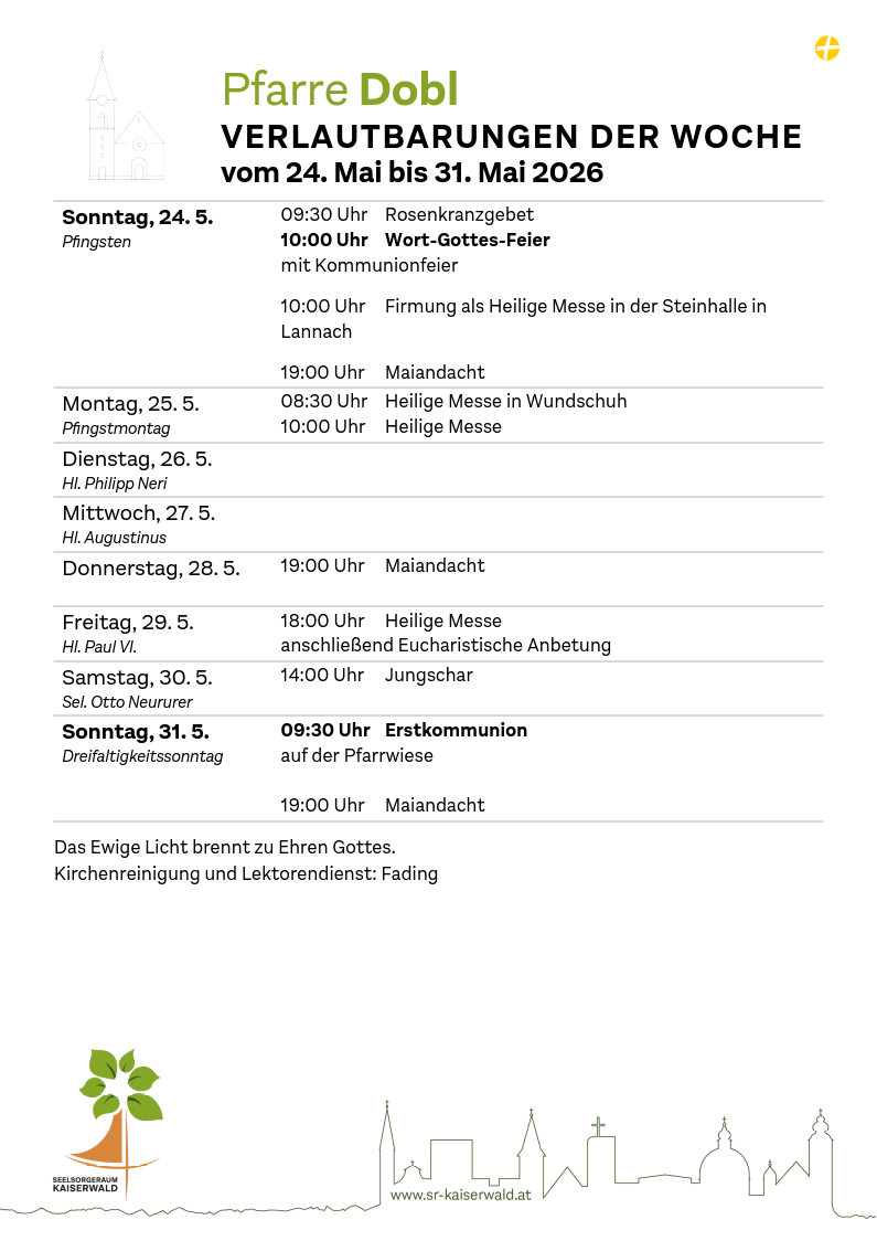 Verlautbarungen der Woche So, 24. 5.–So, 31. 5. 2026
