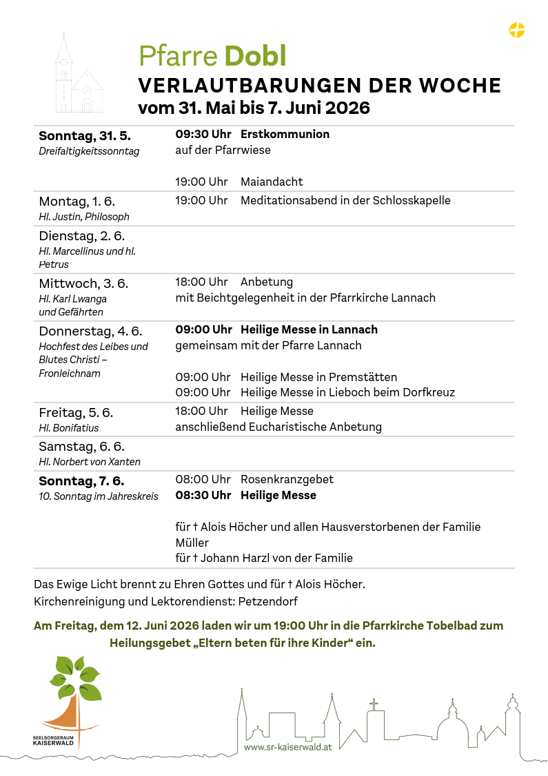 Verlautbarungen der Woche So, 31. 5.–So, 7. 6. 2026