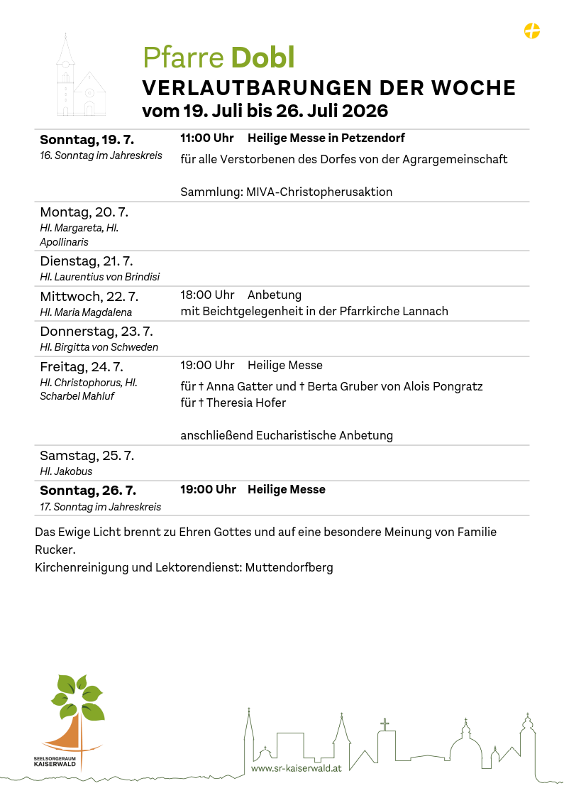 Verlautbarungen der Woche So, 19. 7.–So, 26. 7. 2026