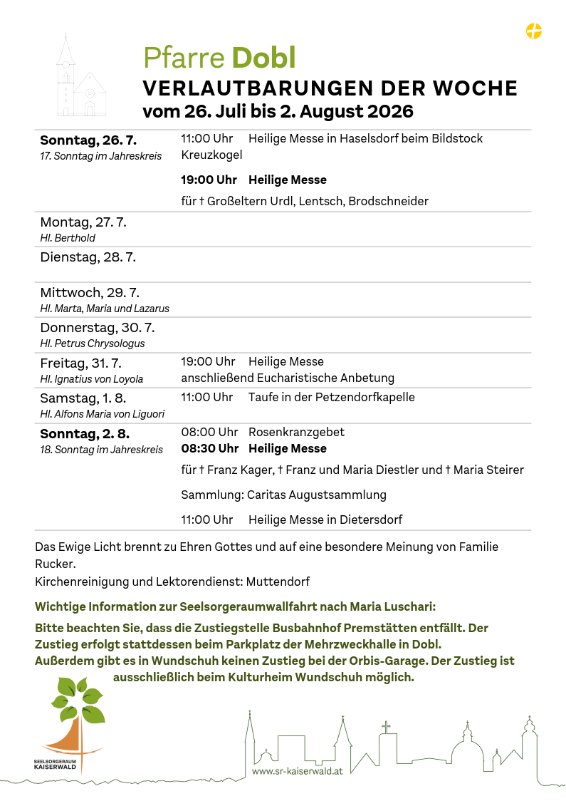 Verlautbarungen der Woche So, 26. 7.–So, 2. 8. 2026