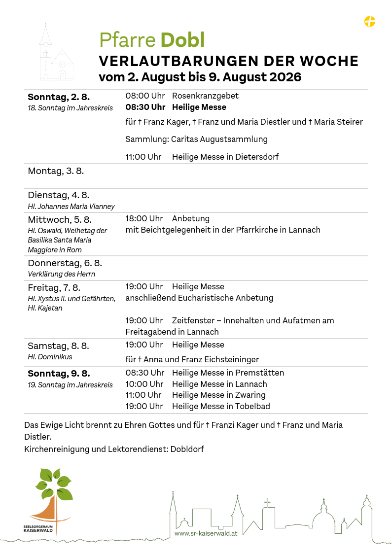 Verlautbarungen der Woche So, 2. 8.–So, 9. 8. 2026
