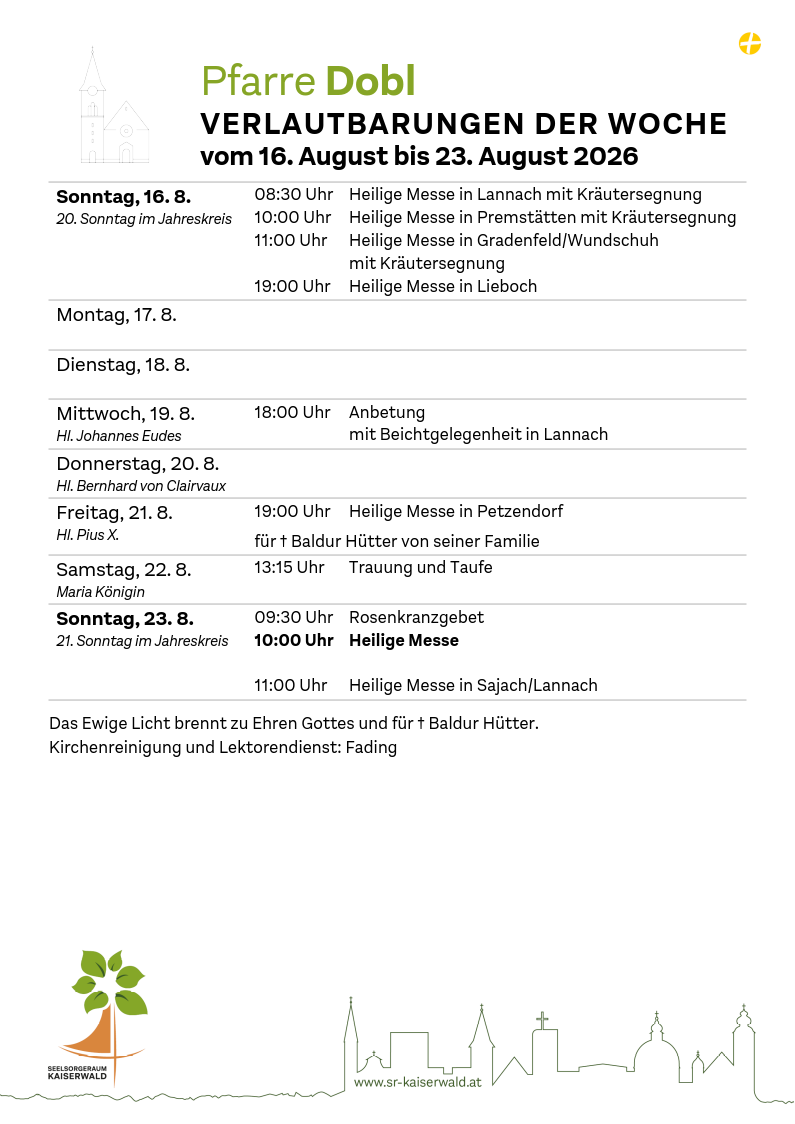 Verlautbarungen der Woche So, 16. 8.–So, 23. 8. 2026