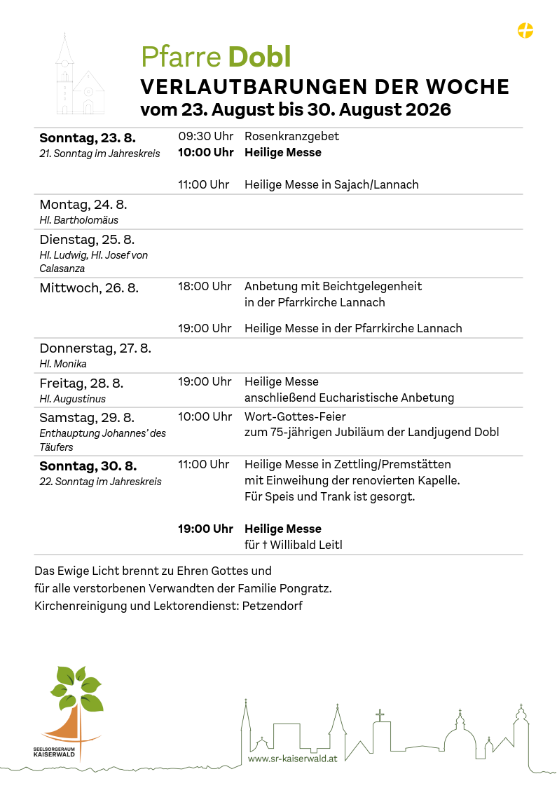 Verlautbarungen der Woche So, 23. 8.–So, 30. 8. 2026
