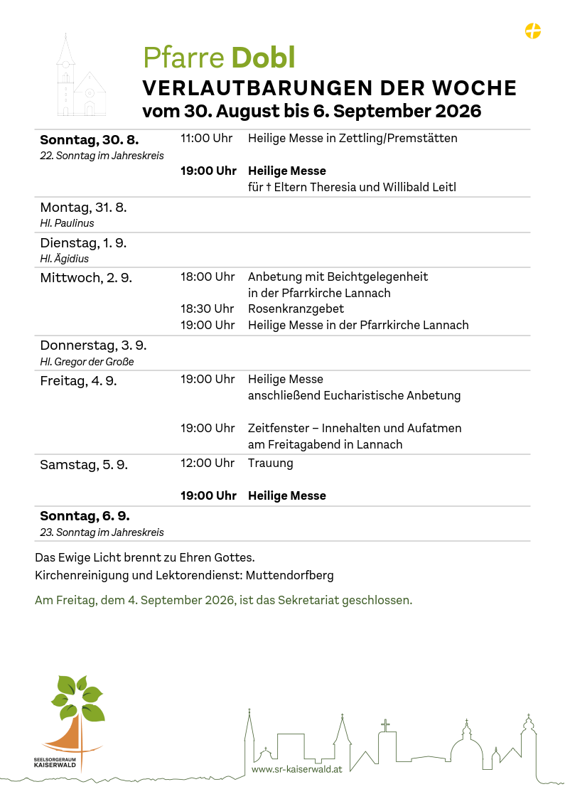 Verlautbarungen der Woche So, 30. 8.–So, 6. 9. 2026