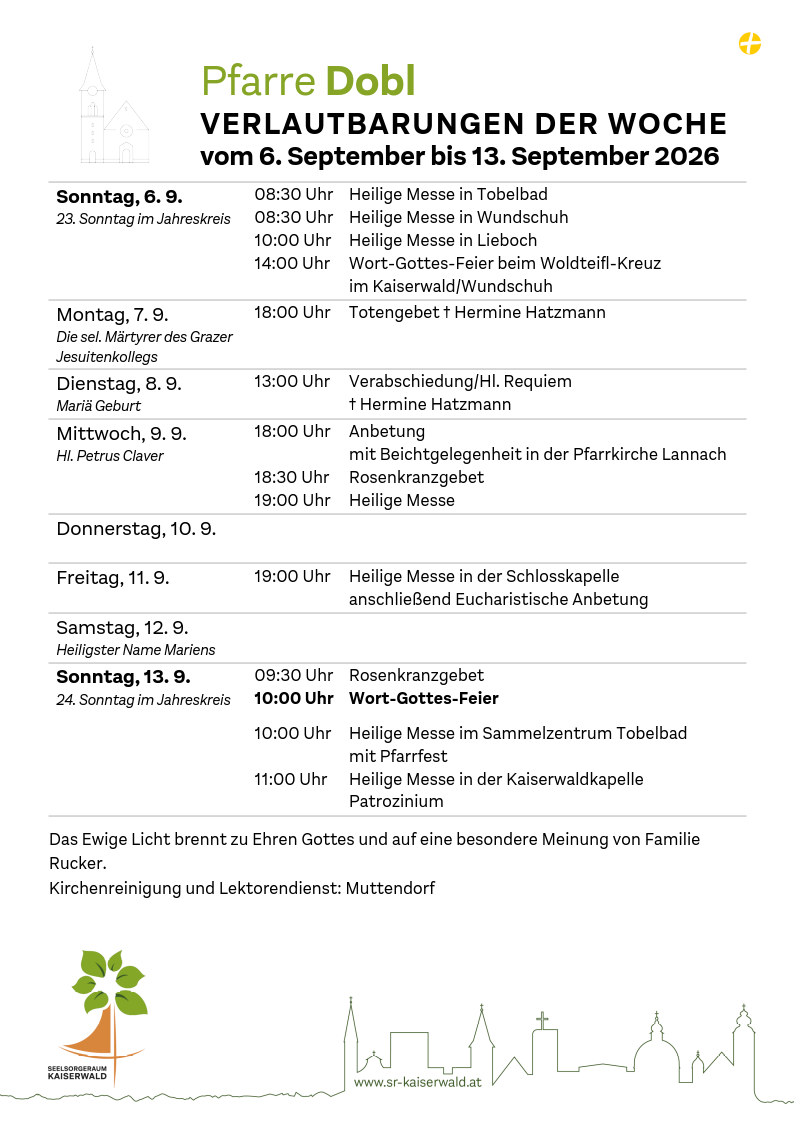 Verlautbarungen der Woche So, 6. 9.–So, 13. 9. 2026