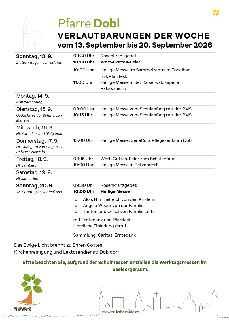 Verlautbarungen der Woche So, 13. 9.–So, 20. 9. 2026