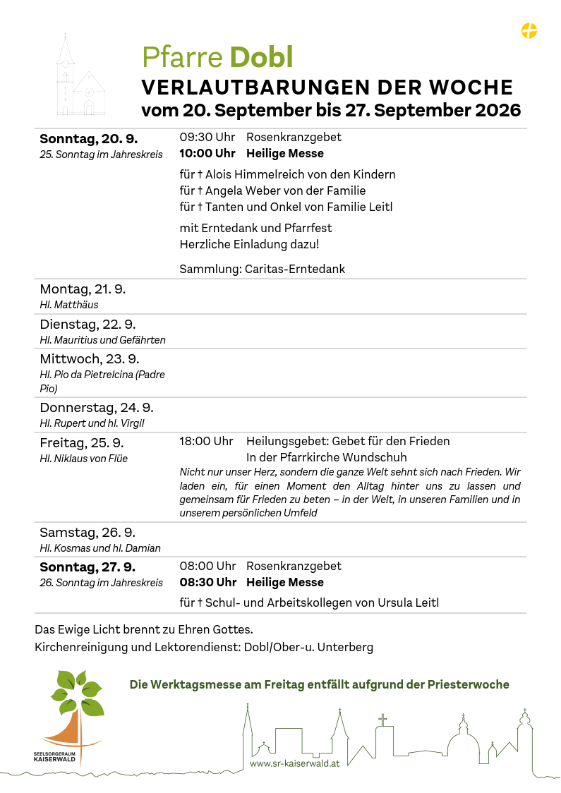 Verlautbarungen der Woche So, 20. 9.–So, 27. 9. 2026
