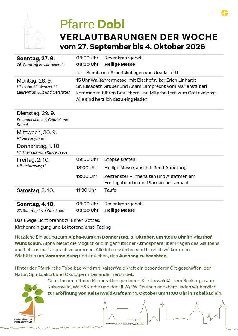 Verlautbarungen der Woche So, 27. 9.–So, 4. 10. 2026