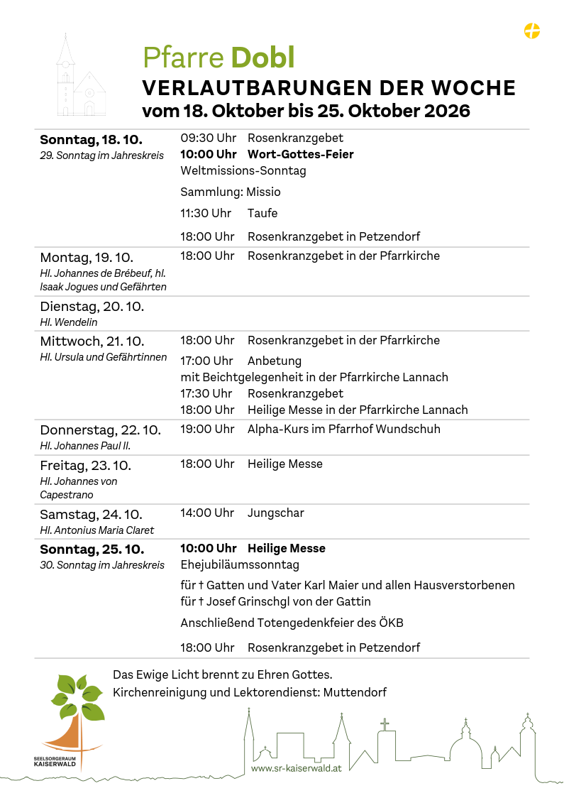 Verlautbarungen der Woche So, 18. 10.–So, 25. 10. 2026