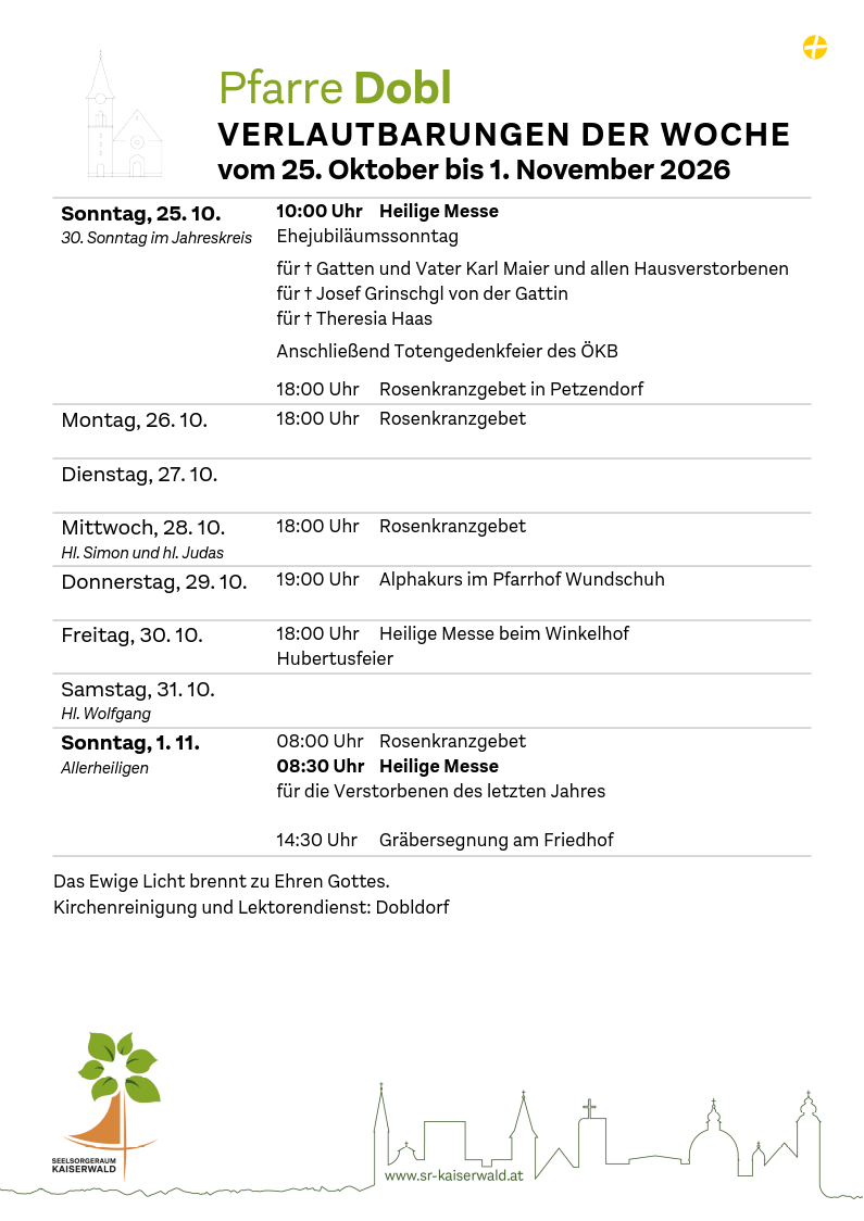 Verlautbarungen der Woche So, 25. 10.–So, 1. 11. 2026