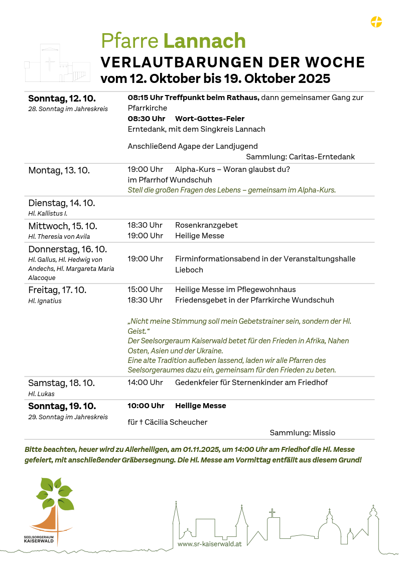 Verlautbarungen der Woche So, 12. 10.–So, 19. 10. 2025