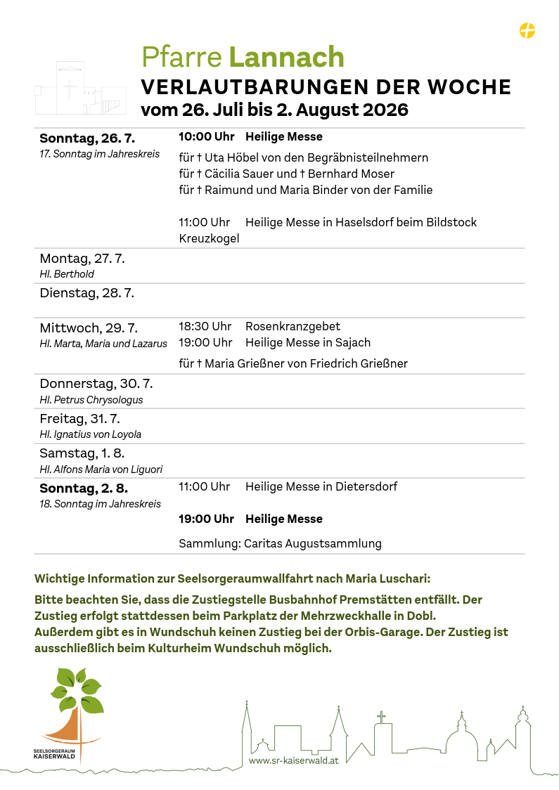Verlautbarungen der Woche So, 26. 7.–So, 2. 8. 2026