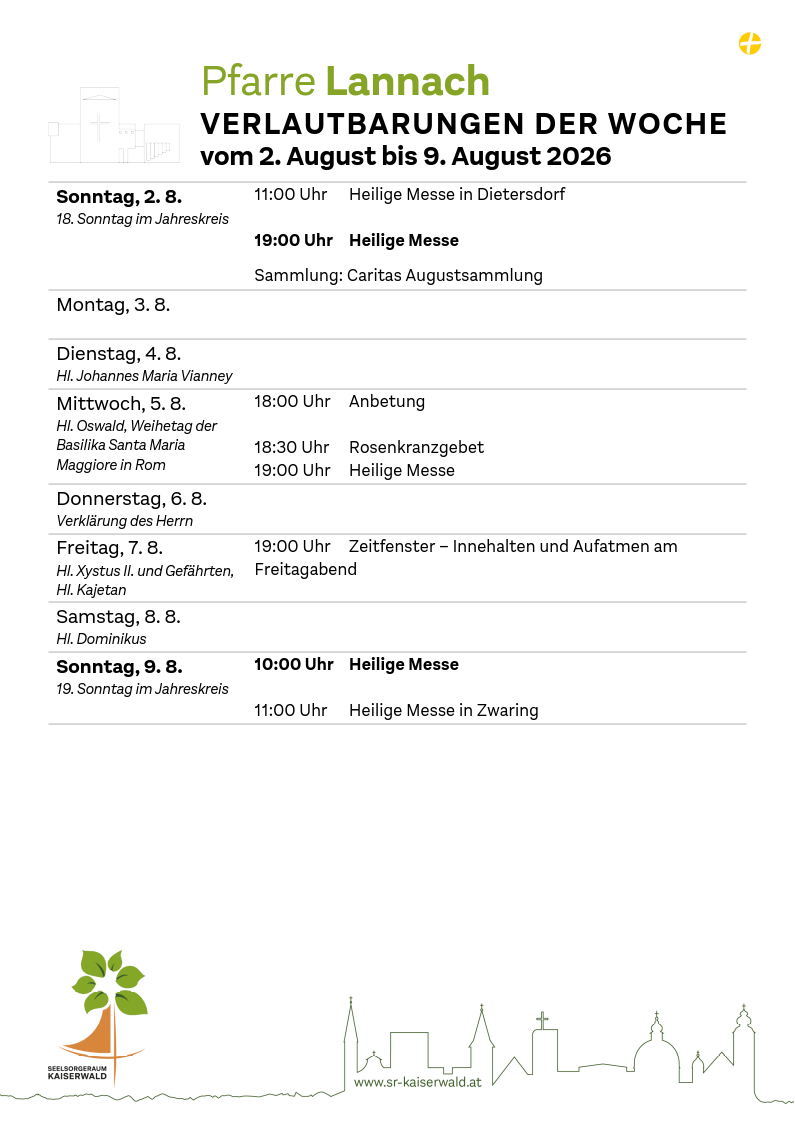 Verlautbarungen der Woche So, 2. 8.–So, 9. 8. 2026