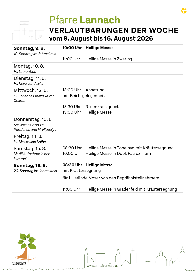 Verlautbarungen der Woche So, 9. 8.–So, 16. 8. 2026