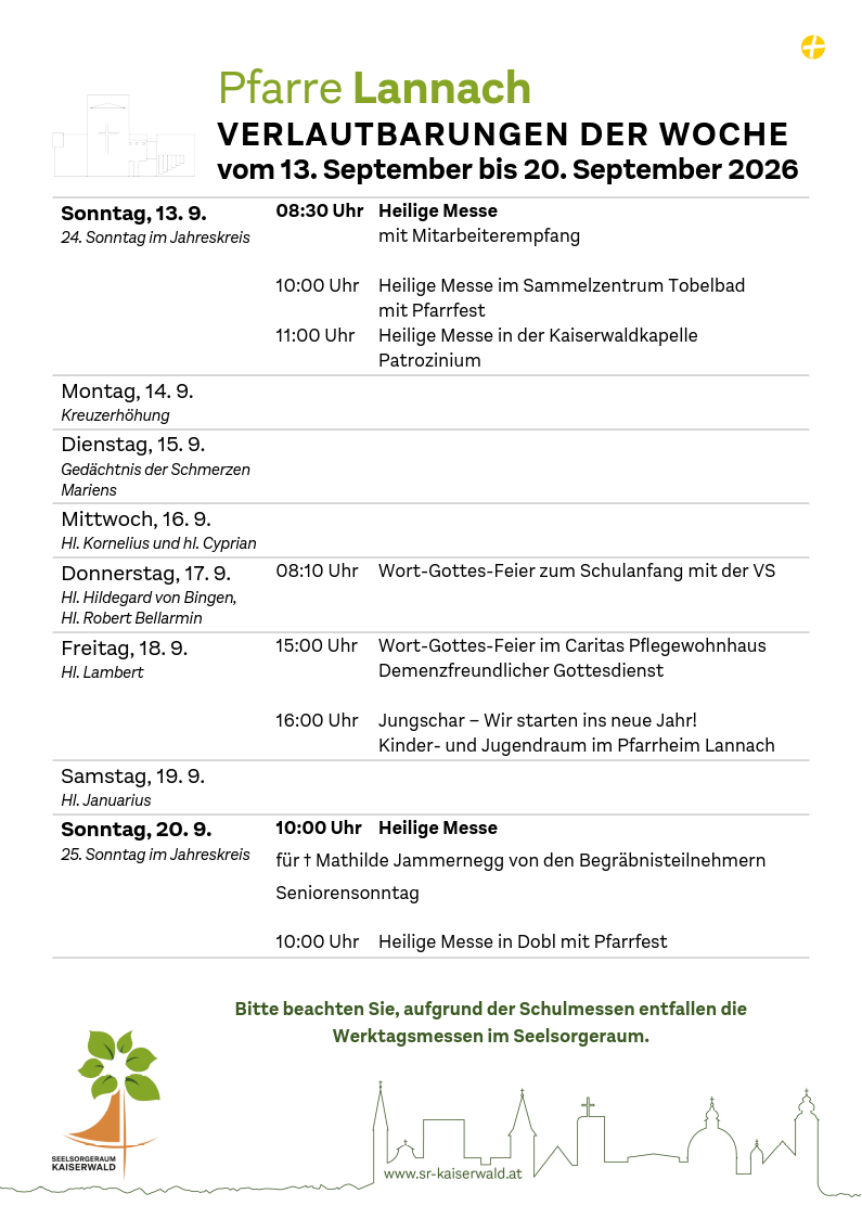 Verlautbarungen der Woche So, 13. 9.–So, 20. 9. 2026