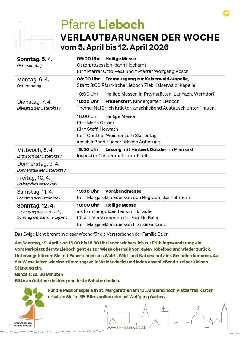 Verlautbarungen der Woche So, 5. 4.–So, 12. 4. 2026