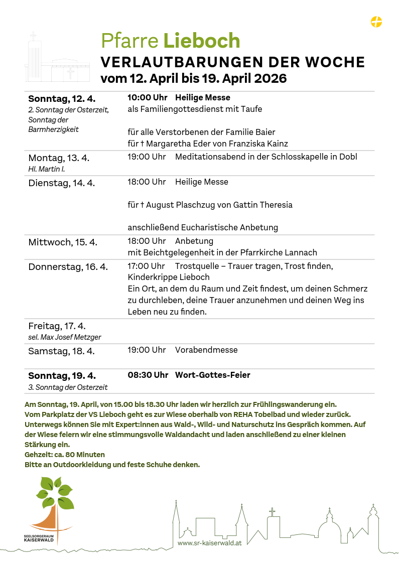Verlautbarungen der Woche So, 12. 4.–So, 19. 4. 2026
