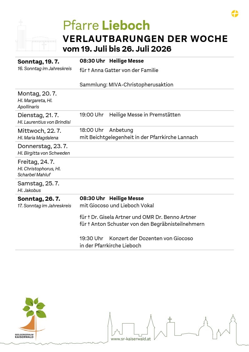 Verlautbarungen der Woche So, 19. 7.–So, 26. 7. 2026