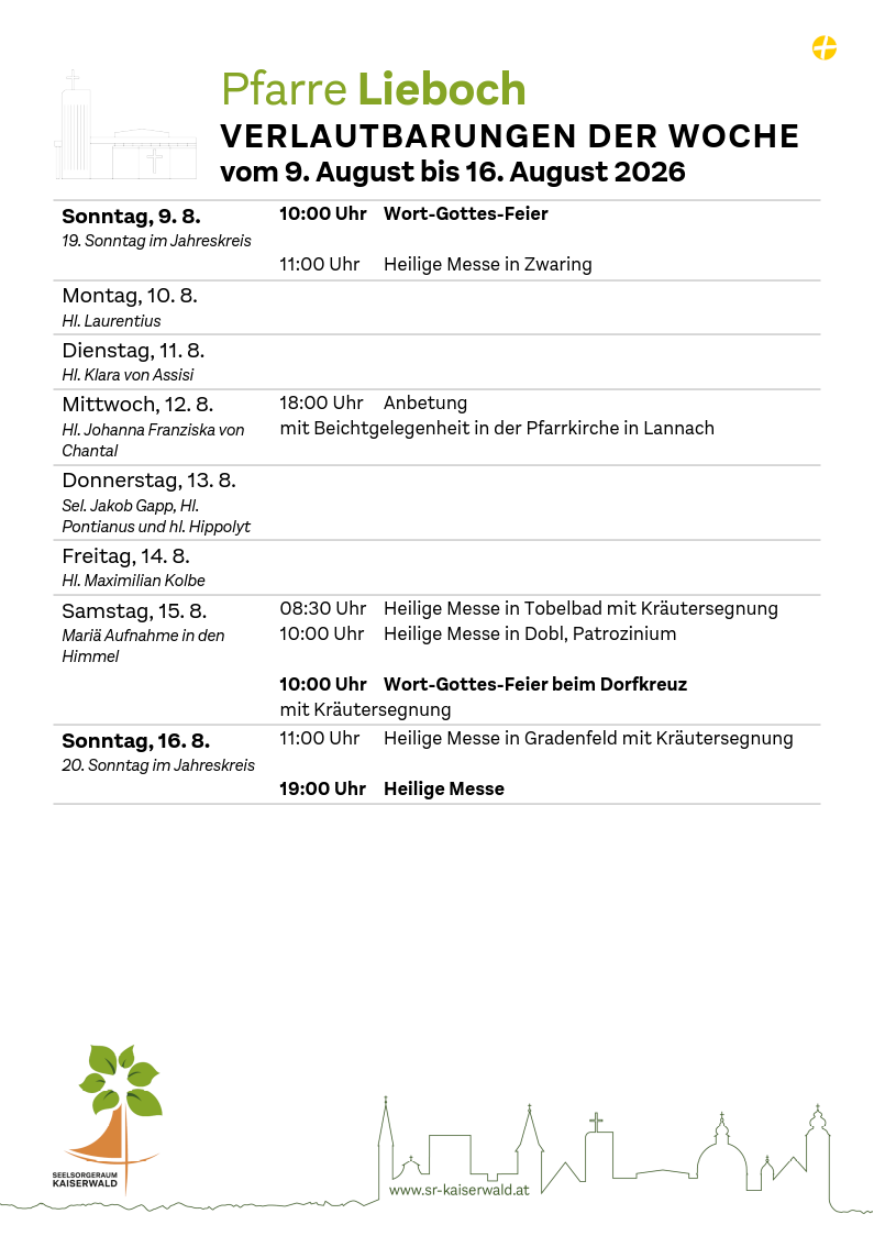 Verlautbarungen der Woche So, 9. 8.–So, 16. 8. 2026