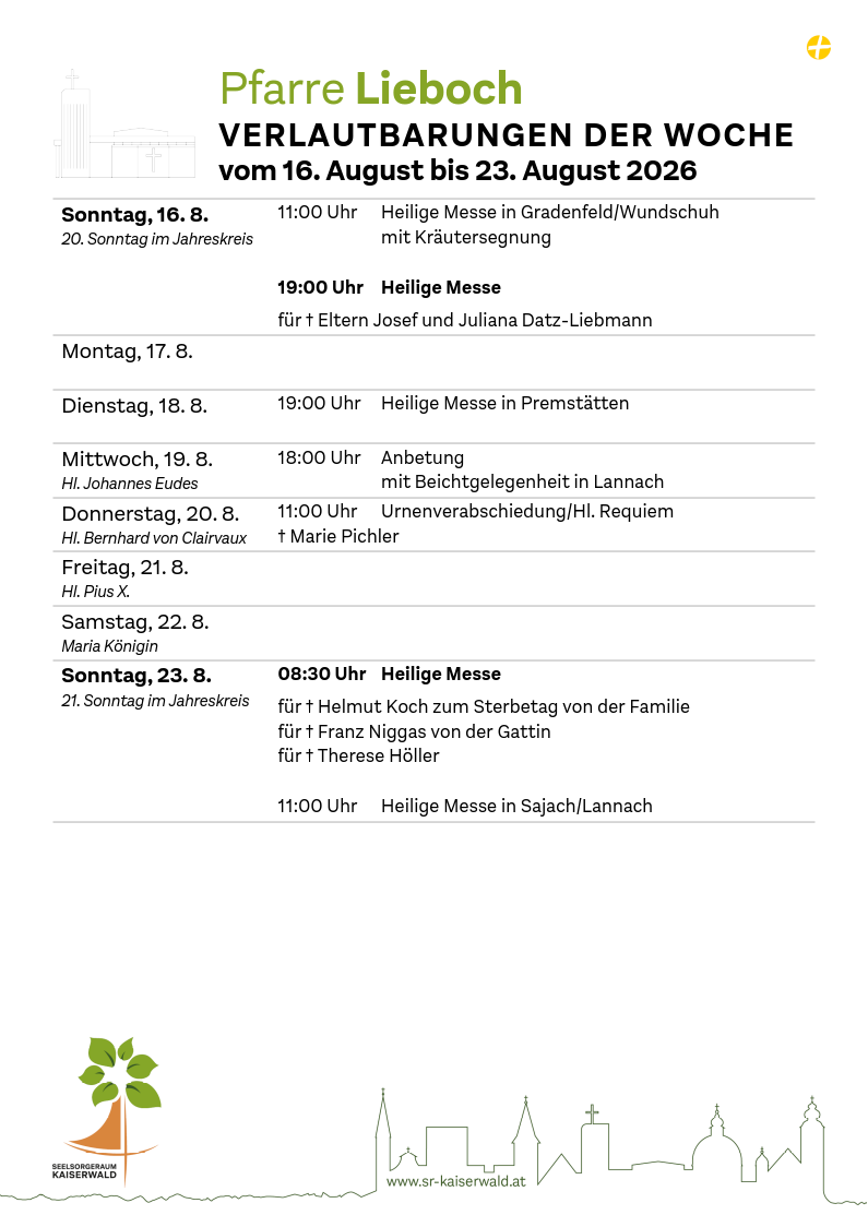 Verlautbarungen der Woche So, 16. 8.–So, 23. 8. 2026