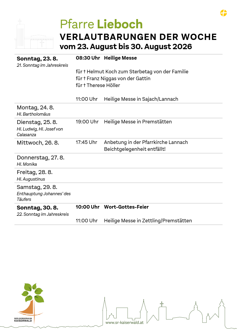 Verlautbarungen der Woche So, 23. 8.–So, 30. 8. 2026