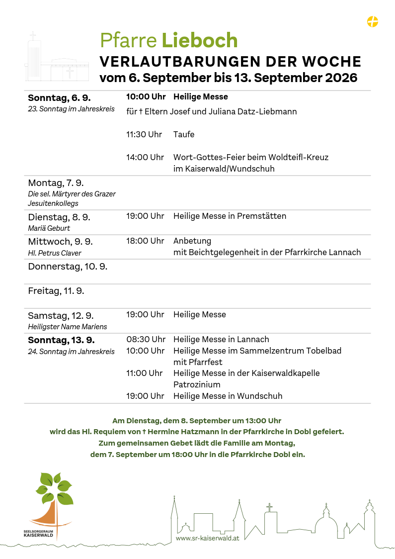 Verlautbarungen der Woche So, 6. 9.–So, 13. 9. 2026