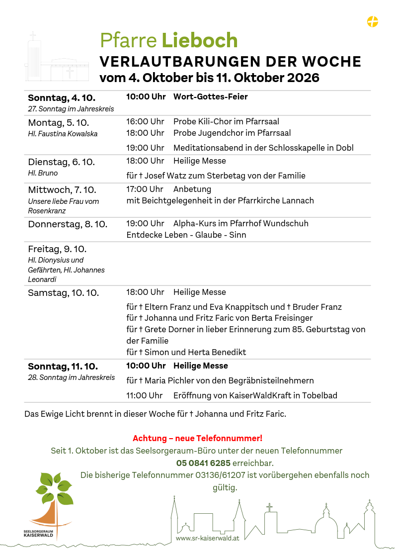 Verlautbarungen der Woche So, 4. 10.–So, 11. 10. 2026