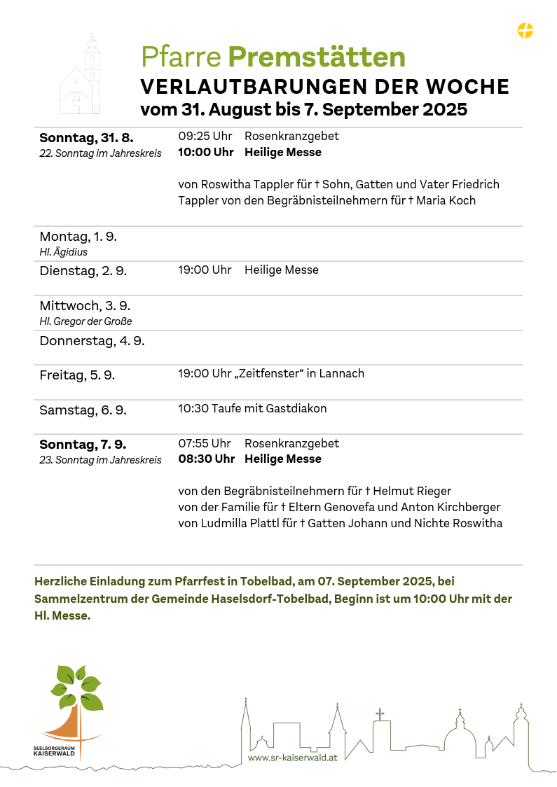 Verlautbarungen der Woche So, 31. 8.–So, 7. 9. 2025