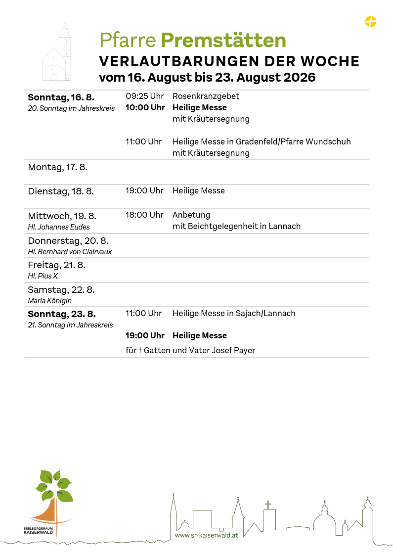 Verlautbarungen der Woche So, 16. 8.–So, 23. 8. 2026