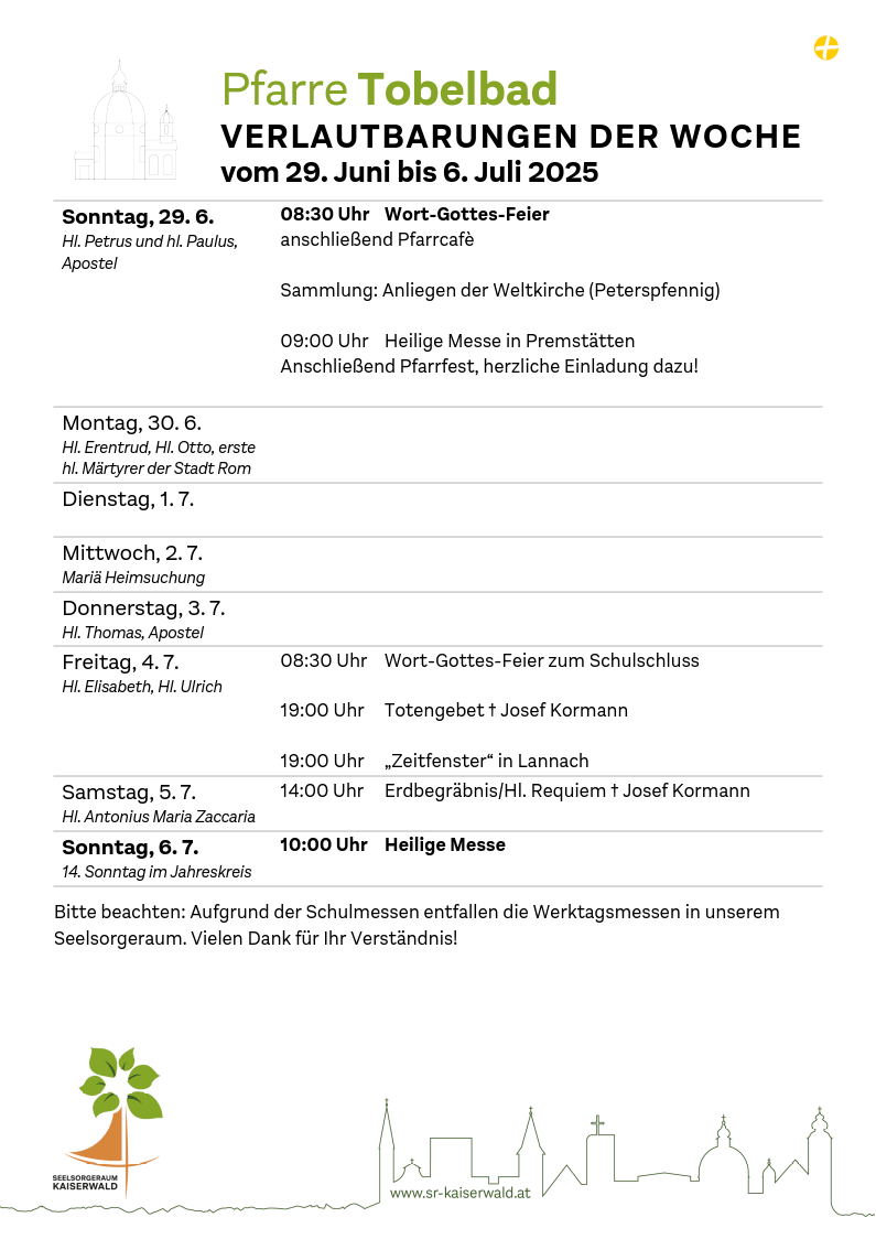 Verlautbarungen der Woche So, 29. 6.–So, 6. 7. 2025