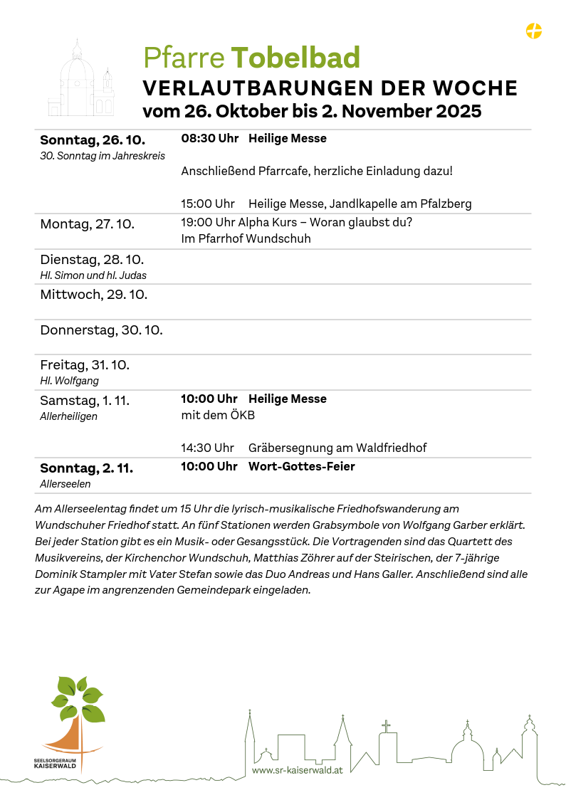 Verlautbarungen der Woche So, 26. 10.–So, 2. 11. 2025
