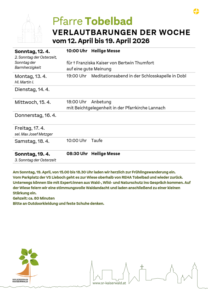 Verlautbarungen der Woche So, 12. 4.–So, 19. 4. 2026