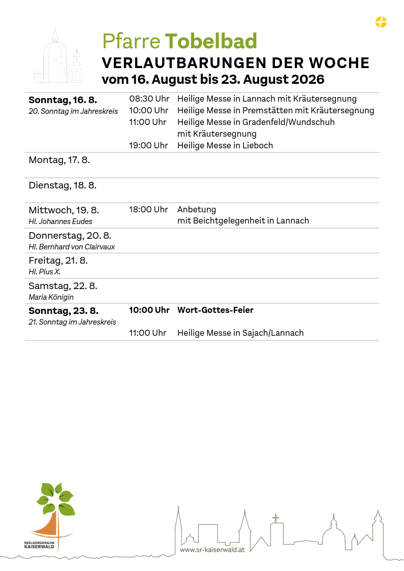 Verlautbarungen der Woche So, 16. 8.–So, 23. 8. 2026
