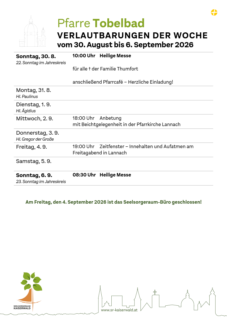 Verlautbarungen der Woche So, 30. 8.–So, 6. 9. 2026