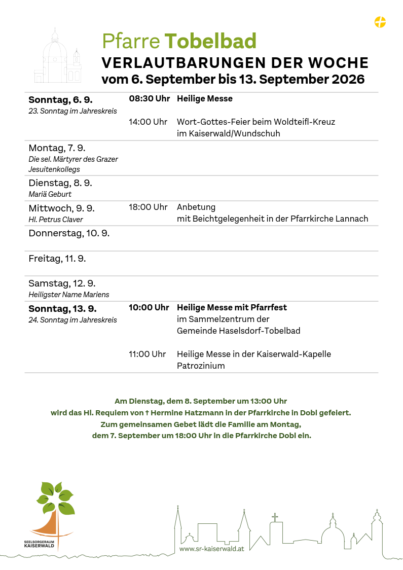 Verlautbarungen der Woche So, 6. 9.–So, 13. 9. 2026