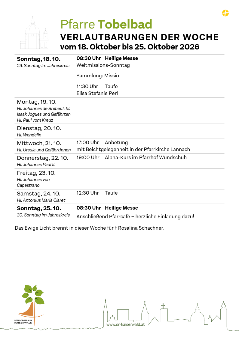 Verlautbarungen der Woche So, 18. 10.–So, 25. 10. 2026