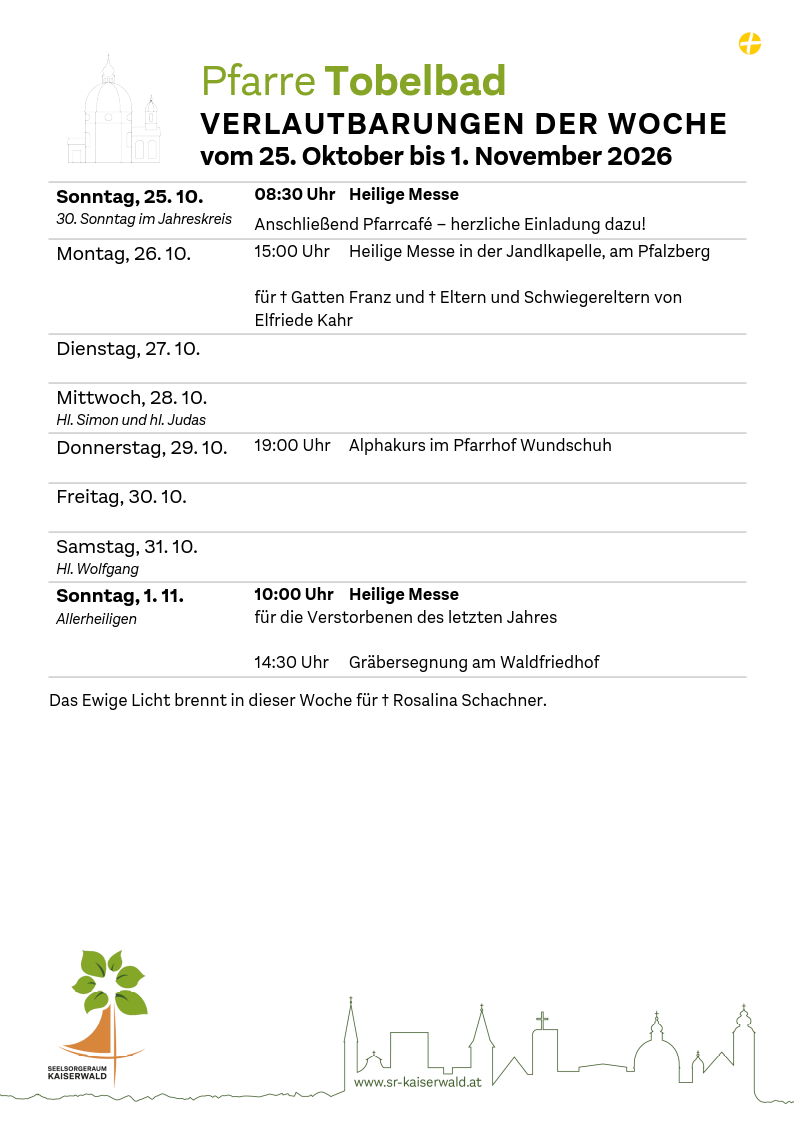 Verlautbarungen der Woche So, 25. 10.–So, 1. 11. 2026