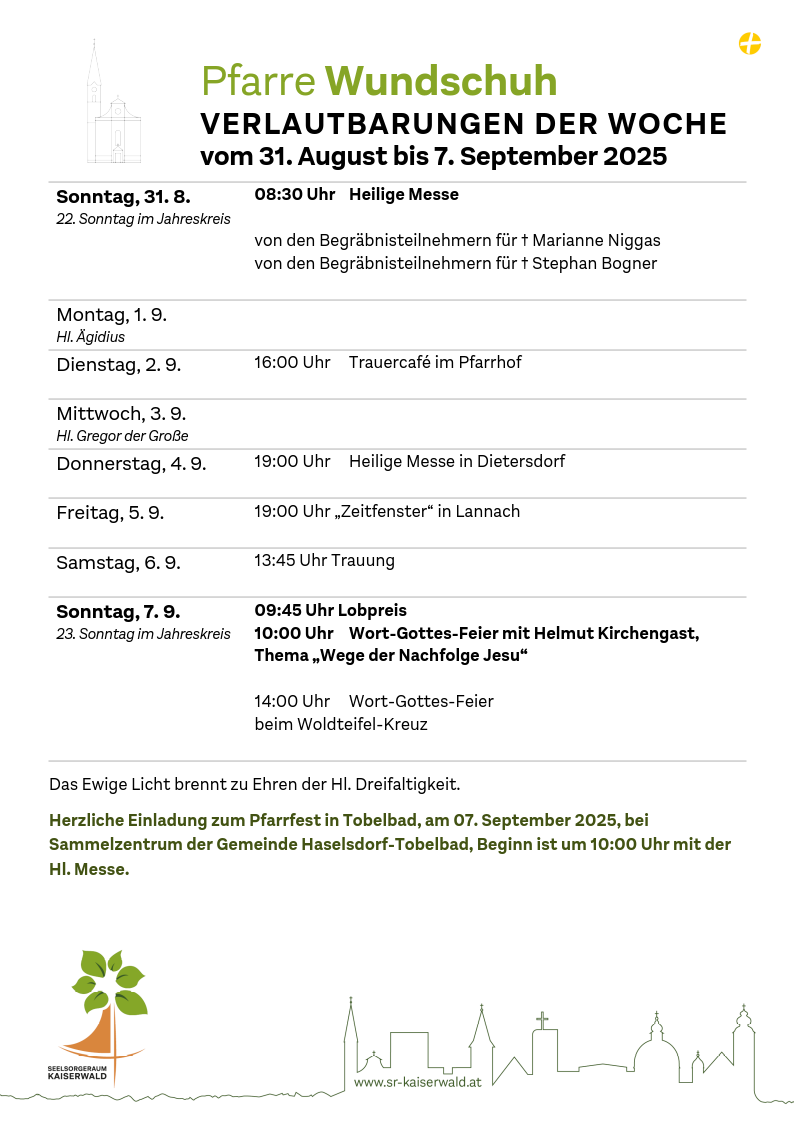 Verlautbarungen der Woche So, 31. 8.–So, 7. 9. 2025