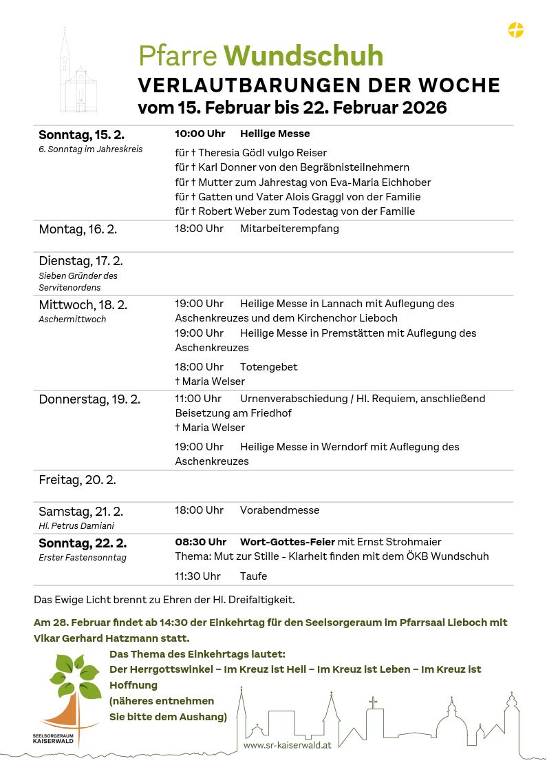 Verlautbarungen der Woche So, 15. 2.–So, 22. 2. 2026