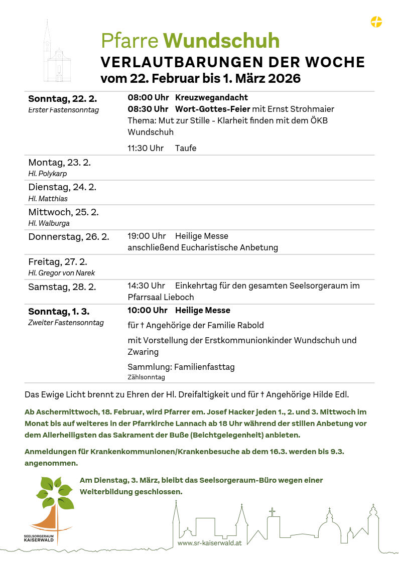Verlautbarungen der Woche So, 22. 2.–So, 1. 3. 2026