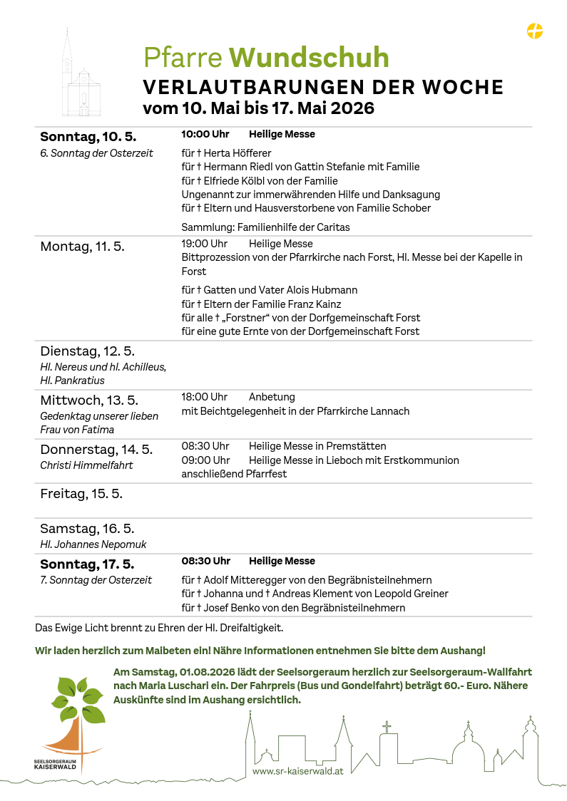 Verlautbarungen der Woche So, 10. 5.–So, 17. 5. 2026