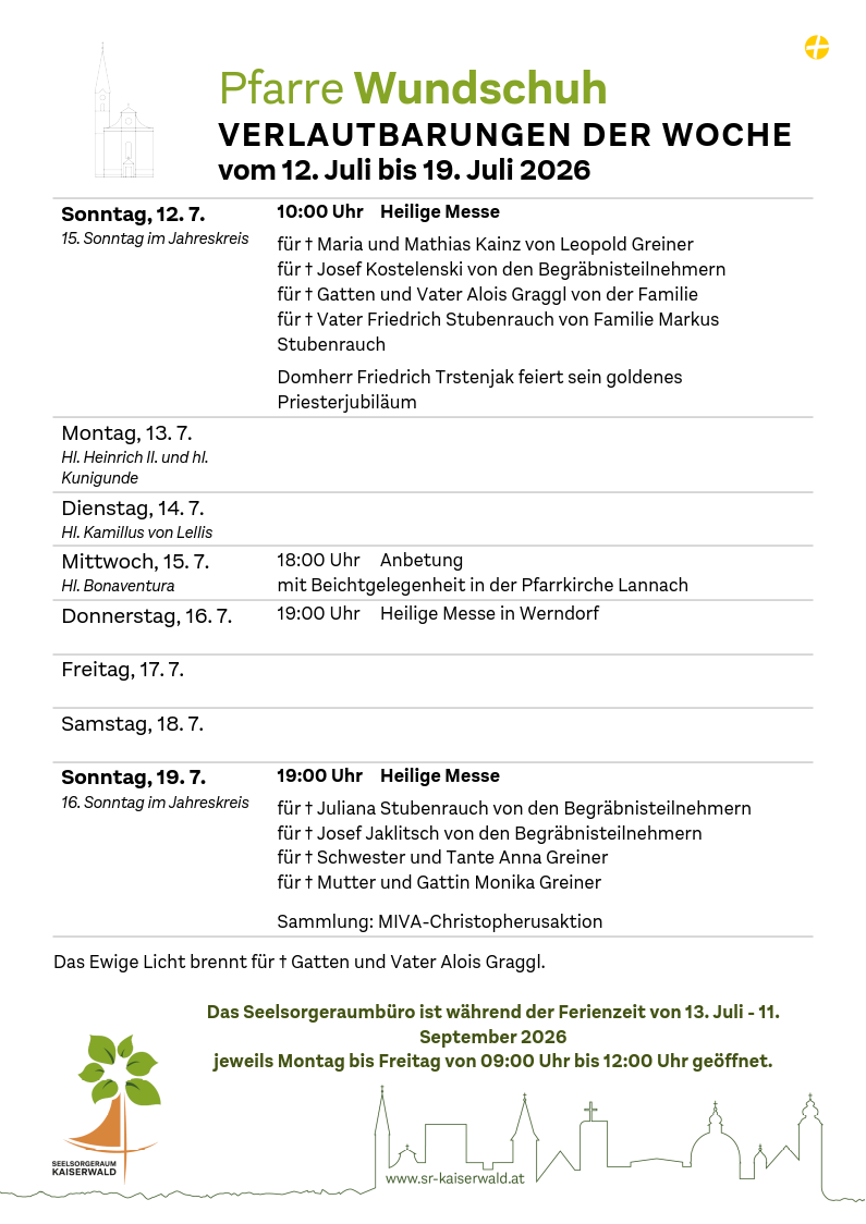 Verlautbarungen der Woche So, 12. 7.–So, 19. 7. 2026