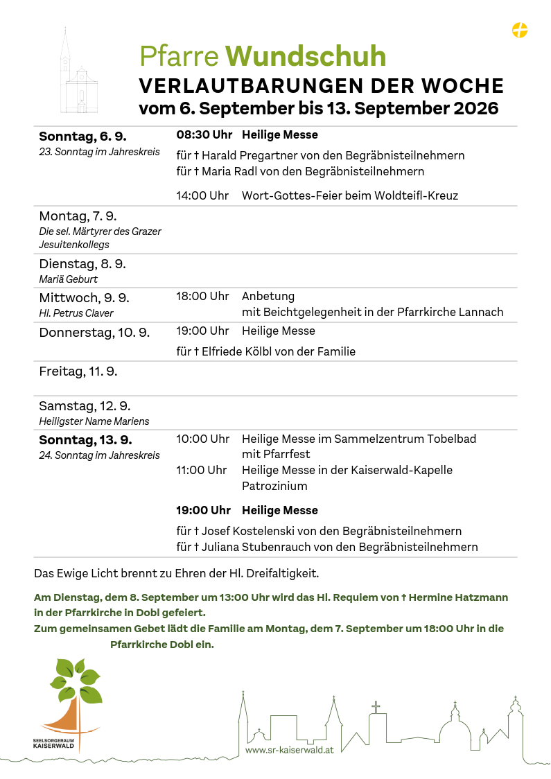 Verlautbarungen der Woche So, 6. 9.–So, 13. 9. 2026
