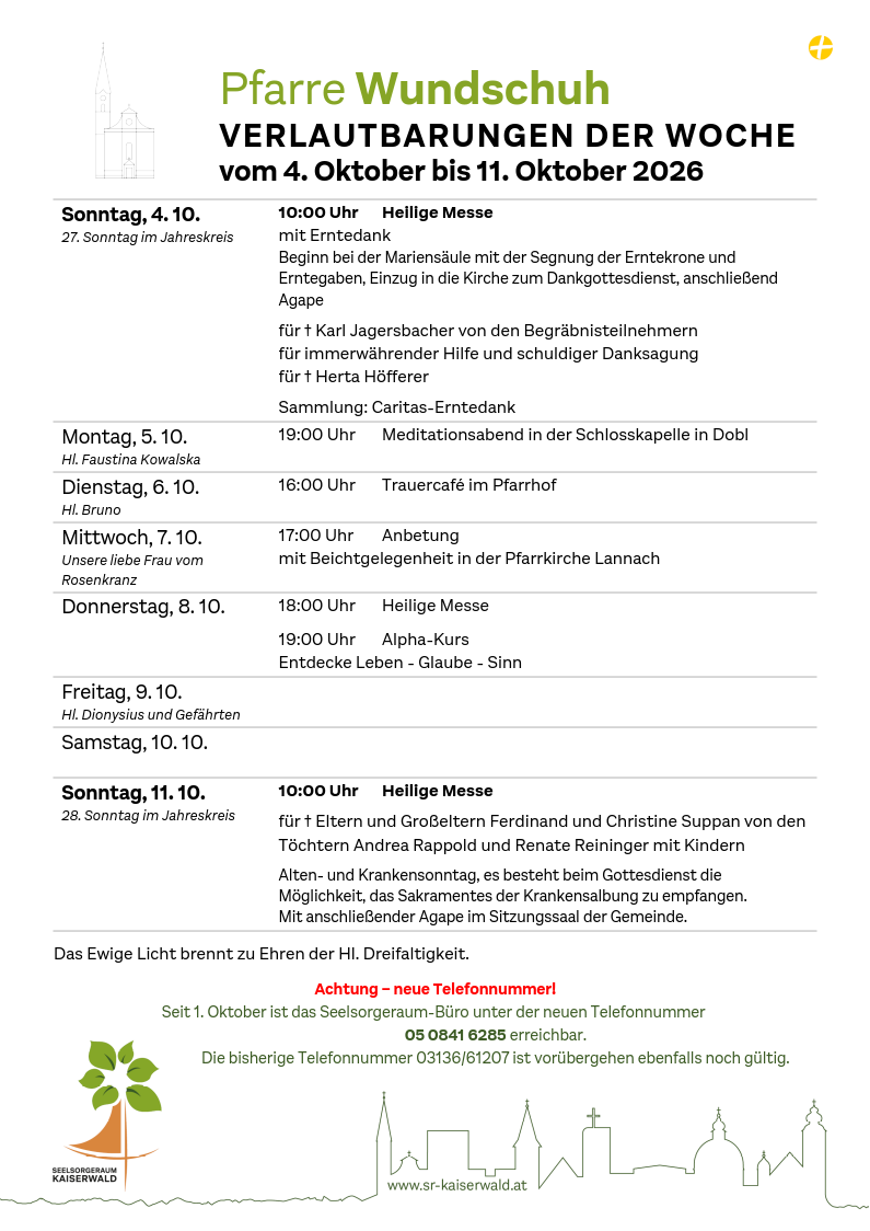 Verlautbarungen der Woche So, 4. 10.–So, 11. 10. 2026