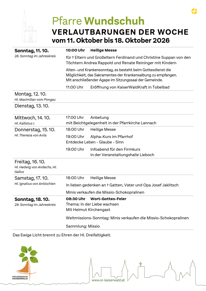 Verlautbarungen der Woche So, 11. 10.–So, 18. 10. 2026